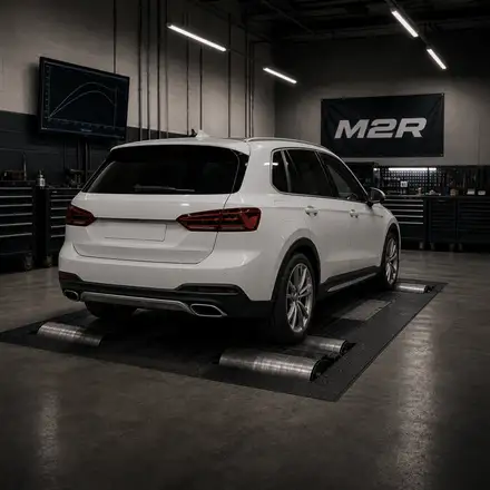 SUV alemán blanco en el taller, junto al banco de potencia.